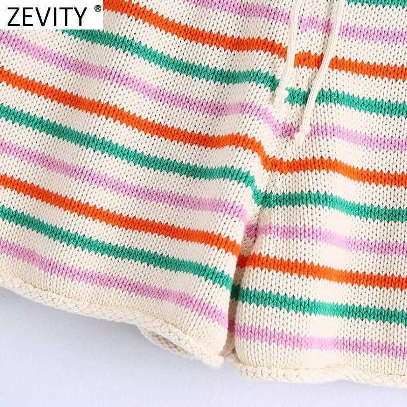Zevity Women Fashion Colorful Striped Knitting Summer Shorts Femme Chic Lace Up Waist Casual Pantalone Cortos P1112 210625