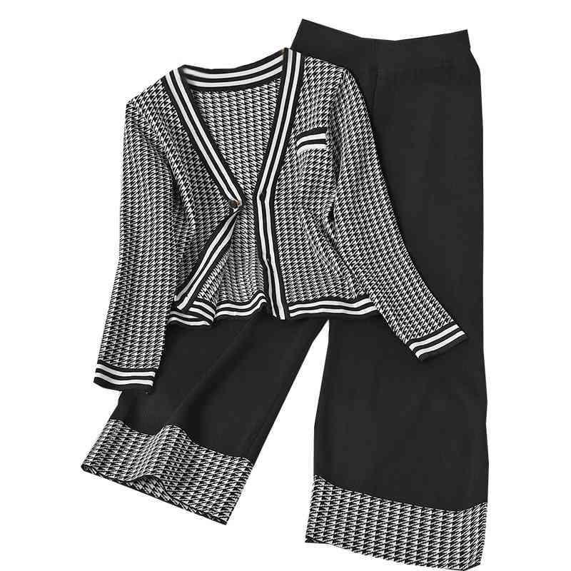 Elegant Women Two Pieces Set Vintage Plaid Cardigan Wide Leg Pants Korean Conjuntos Lady Suit Fashion 2 Sets 210519