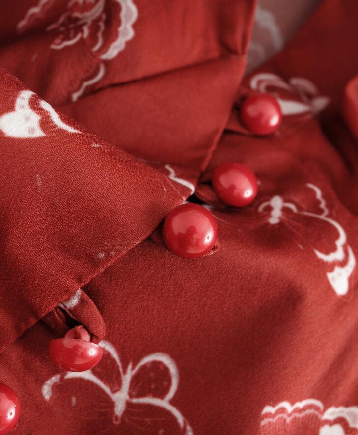 France Retro Long Puff Sleeve Floral Print Shirt Red Women Single-breasted buttons Slim Waist Short Blouse Girl's Tops 210429