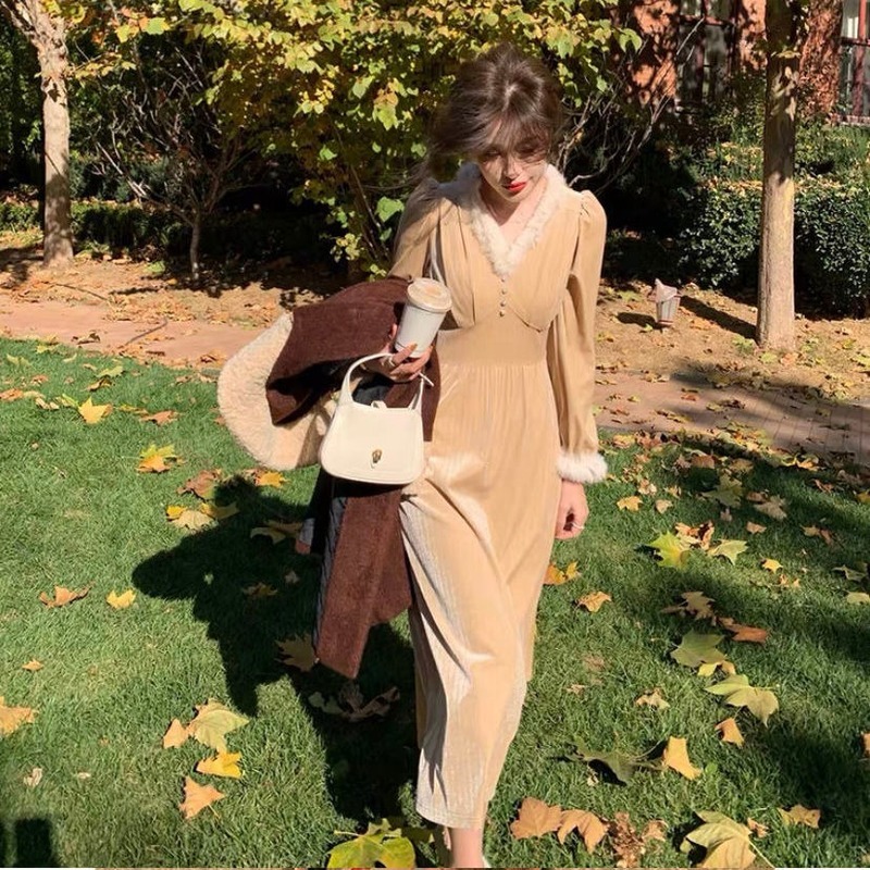 Fur Neck Elegant Vintage Dress Women Long Sleeve French Office Lady Midi Dress Female Spring Fashionone Piece Dress Korean 210521
