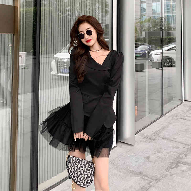 Spring Temperament Ladies Two pieces set Women Long sleeves Single Breasted Chic Shirt Top + High Waist Ball Gown Mini Skirt Sui 210519