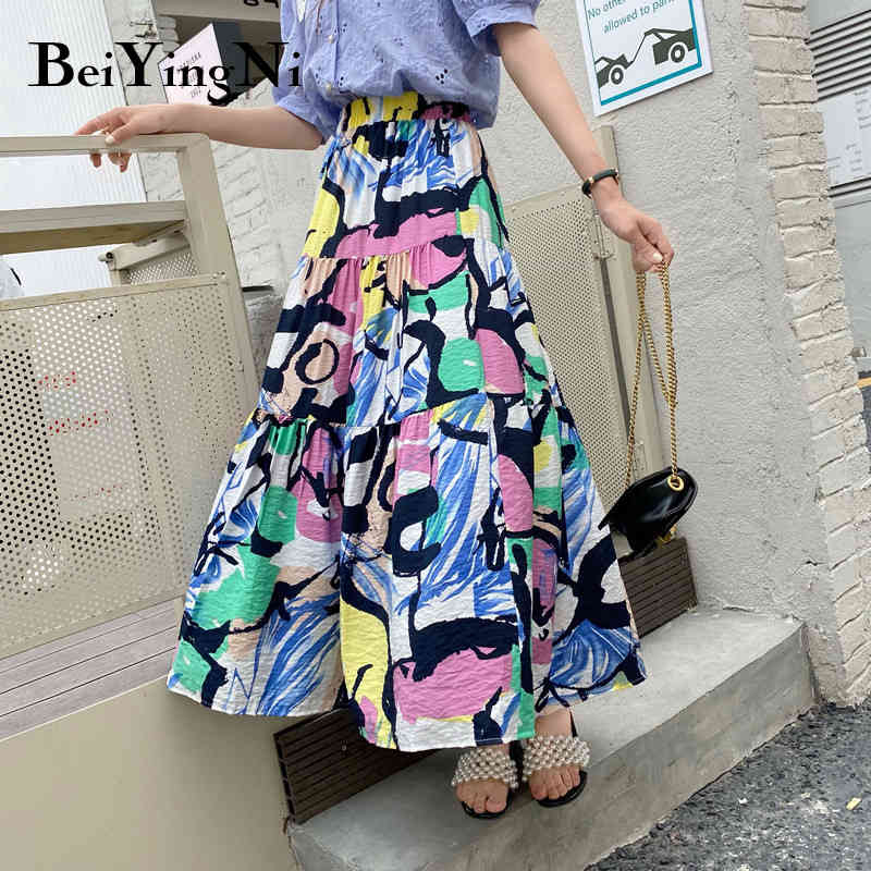 Ankle-length Long Skirts Woman Graffiti Printed Abstract Aesthetic Maxi Skirt Ladies Fashion Korean Vintage Faldas 210506