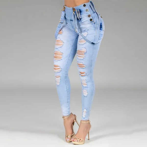 Women Jeans High Waisted Straight Skinny Stretchy Pant Streetwear Ladies Hole Washed Bandage Denim Pencil Pants Trousers 210616