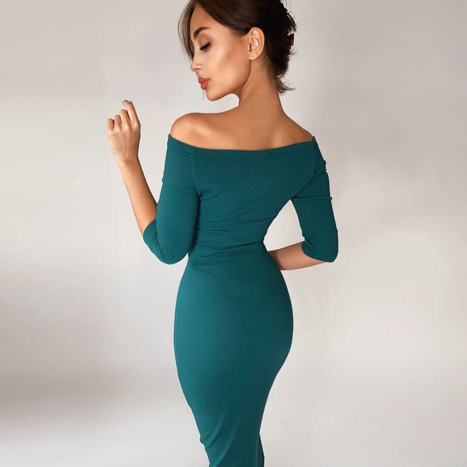 Summer Off Shoulder Bodycon Bandage Dress Women Sexy Half Sleeve Nude Midi Celebrity Evening Runway Party Dresses 210423