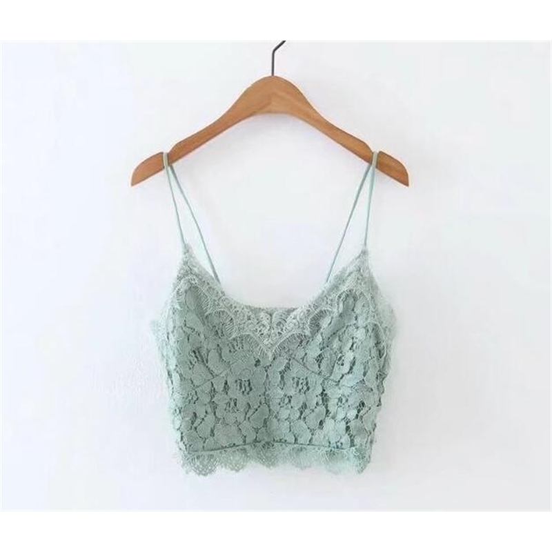 Toppies Women Mint Green Solid Color Lace Crop Tops V-Neck Sexy Strap Bra Camis 210326