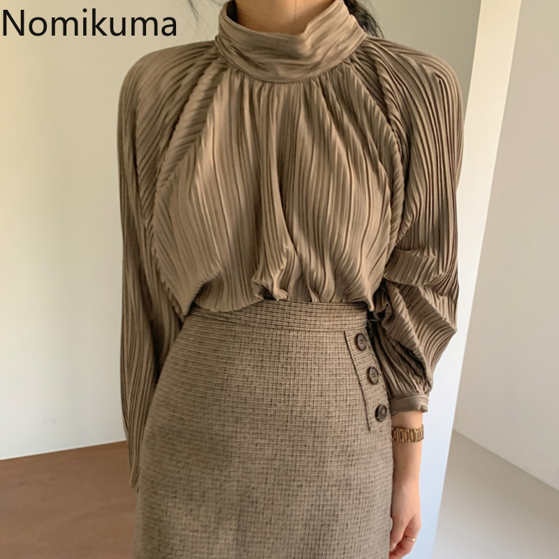 Nomikuma Autumn Winter Elegant Half Turtleneck Women Blouse Korean Pleated Solid Long Sleeve Shirt New Pullover Tops 6D527 210427