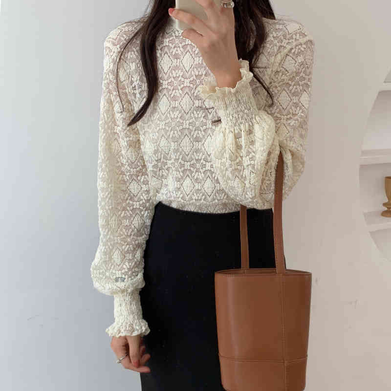 Nomikuma Autumn Winter Baisc Lace Shirt Puff Long Sleeve Stand neck Women Blouse Causal Elegant Hook Blusas Top 6D164 210427