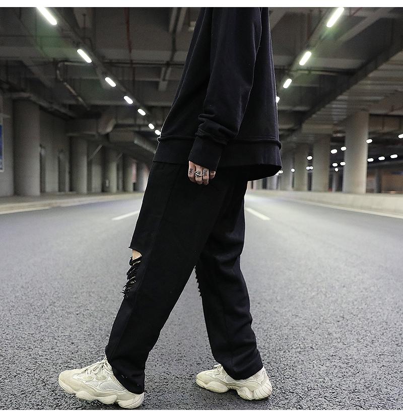 Dark Wind Hole Knife Cut Straight Loose Terry Draping Guard Pants Hip-hop Black All-match Cotton Casual Men Men's