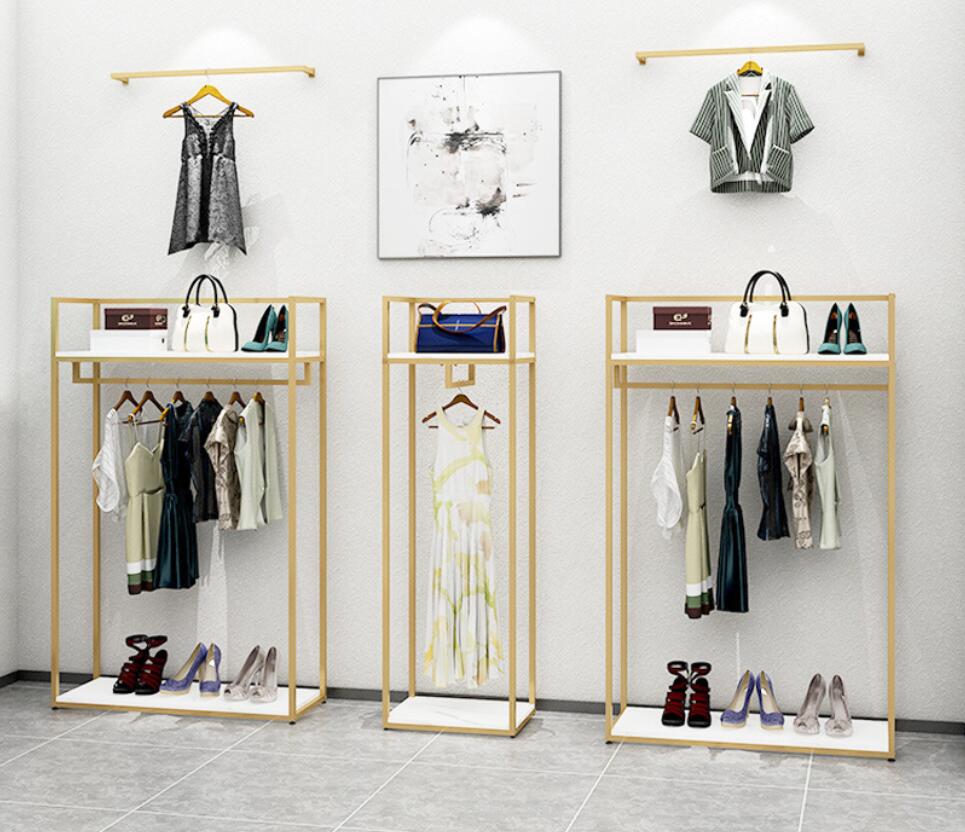 Clothes hanger display rack in clothing store Commercial Furniture golden wall racks floor type side hanging simple women's shelf double-layer cl