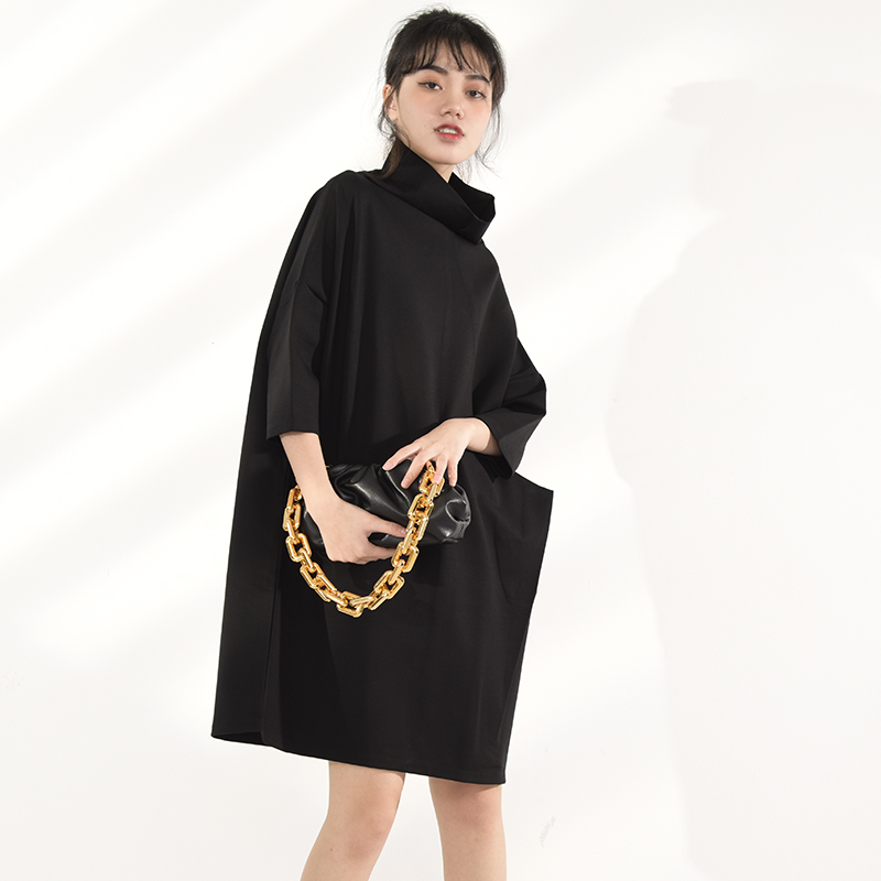 [EAM] Women Black Leisure Big Size Dress Turtleneck Three-quarter Sleeve Loose Fit Fashion Spring Autumn JL23001 21512