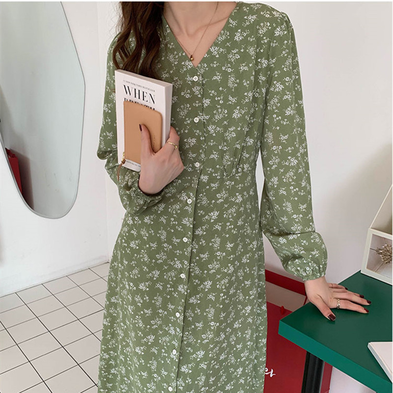 Spring womens Dress V neck Boho Sweet Party Long Sleeve women Autumn Floral dress Robe Vestido(X1802) 210423