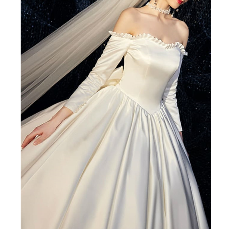 Satin Ball Gown Wedding Dresses with Bateau long sleeves Plus Size Bridal Gowns