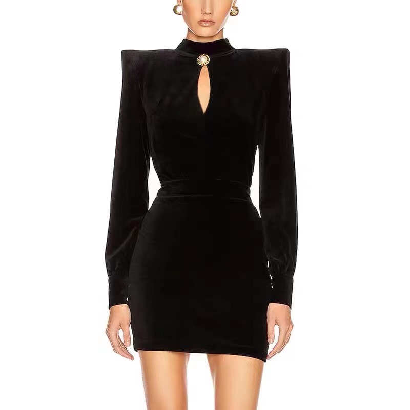 runway celebrity sexy mini dress women femme slim bodycom one button velvet red black long sleeve spring autumn dresses 210421