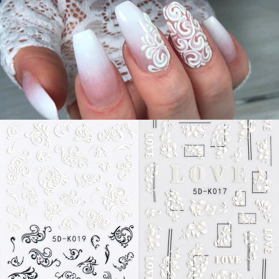 1Sheet White Embossed Flower Lace nail Sticker 5D Floral Wedding Nails Art Design Butterfly Manicure Decals