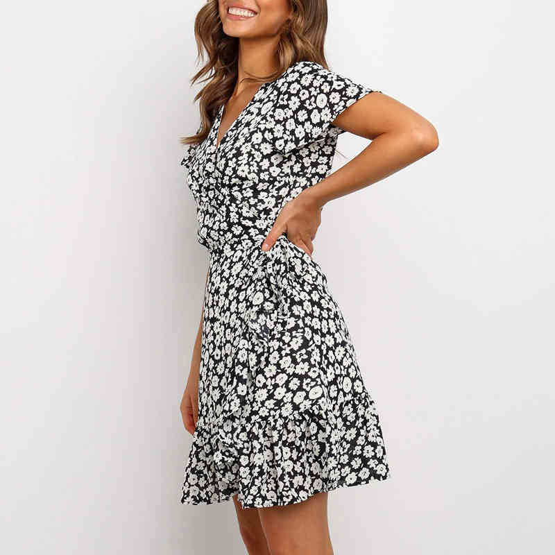 Summer V Neck Floral Print A Line Dress Ruffles Flare Short Sleeve Beach Women Wrap Mini es Robe Ete Femme 210515