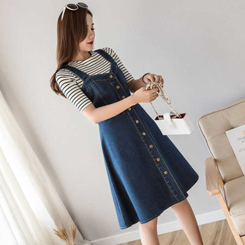 Trendy A-Line Single Breasted Short Denim Dress Summer Preppy Style Sundress Wide Strap Tank Jean Plus Size Vestido 210604