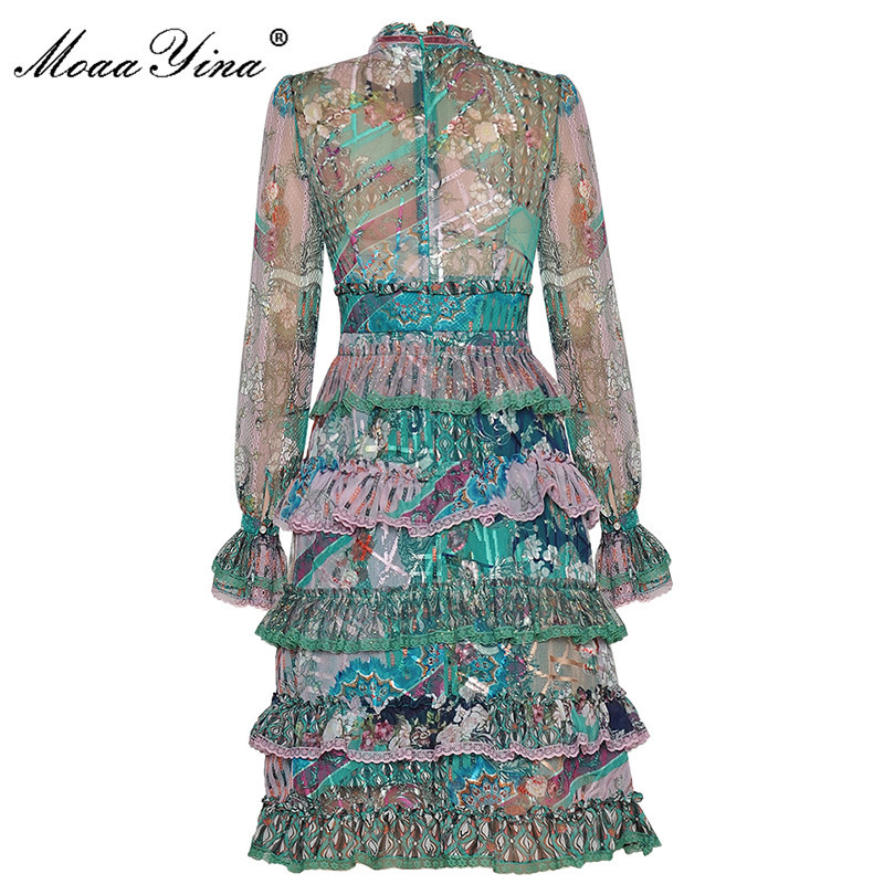 Fashion Cotton dress Autumn Women's Dress Flare Sleeve Print Lurex Mesh Pearl Beaded Cascading Ruffle Elegant Dresses 210524