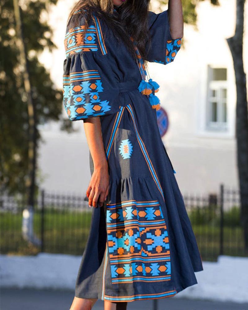 Women Dress Printing Dresses Lantern Sleeve V-neck Plus Size Vintage Long Woman Clothing Autumn 210513