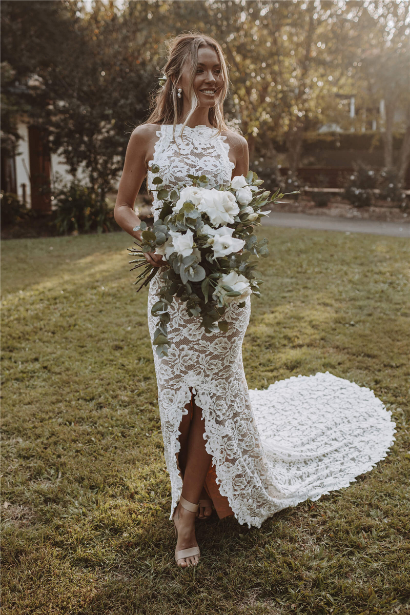 Boho Wedding For Women Mermaid 2021 Slit Backless Lace Bohemian Bride Gowns Marriage Dresses Beach Vestidos De Novia 0431