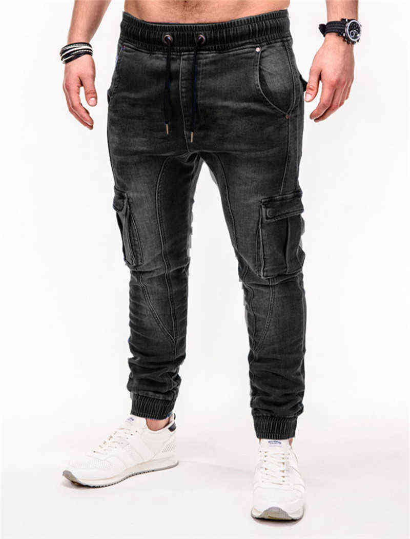 Blue Vintage Man Jeans Business Casual Classic Style Denim Male Cargo Pants More Pockets Frenum Ankle Banded Casual Pants S-3XL 211120