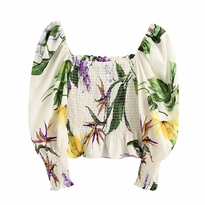 Women Tops Vintage Floral Print Ruffled Hems Cropped raing Blouses Mujer Fashion Square Collar Elastic Smocked 210519
Women Tops Vintage Floral Print Ruffled Hems Cropped raing Blouses Mujer Fashion Square Collar Elastic Smocked 210519