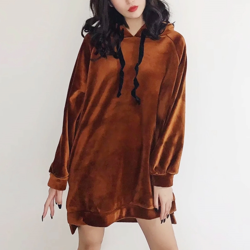 Women Velvet Thick Longline Hoodie With Split Hem Winter Raglan Sholder Outerwear 210512