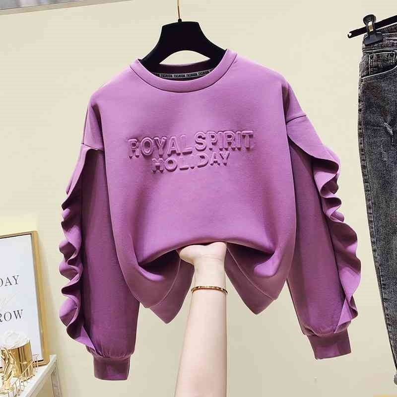 2021 new Korean loose and versatile long sleeved sweater women' 3D letter Ruffle Pullover Top bottoming fashion, Purple
2021 new Korean loose and versatile long sleeved sweater women' 3D letter Ruffle Pullover Top bottoming fashion, Purple