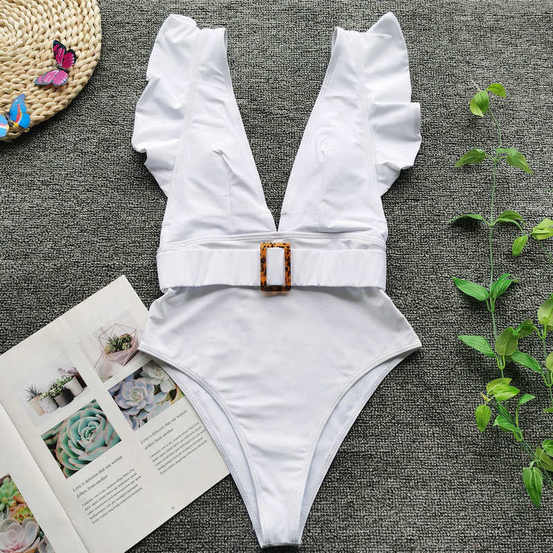 Sexy Ruffle Swimsuit Push Up Swimwear Women Backless Bathing Suits White Padded Deep V Monokini 210625