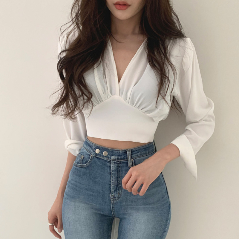 Nomikuma Chic V-neck Short Women Blouse Tops Long Sleeve Korean Solid Shirt Autumn Back Bow Bandage Sexy Blusa Femme 6C332 210427