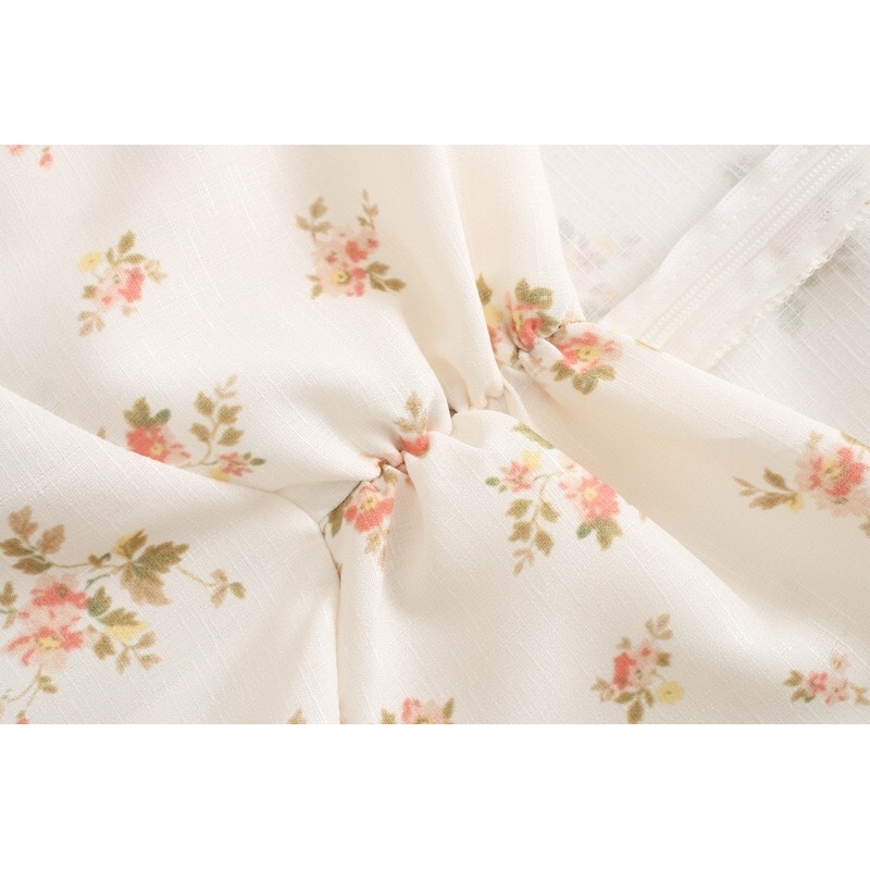 Retro French Small Floral Print Short Puff Sleeve Dress Summer Woman Center Ruched Mini Dresses Holiday 210429