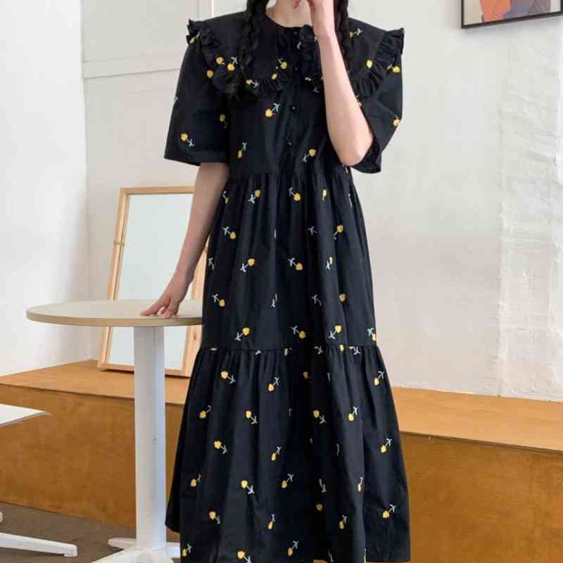 Nomikuma Floral Embroidery Woman Dress Sweet Peter Pan Collar Short Sleeve Dresses Korean Chic Summer Causal Vestidos 6H319 210427