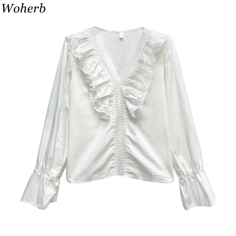 Blusas Femme Ruffle Hollow Patchwork Korean Tops Shirts Chic Casual Streetwear Sweet Blouse All Match Shirt 210519