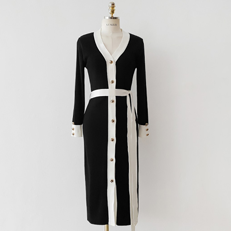 Autumn Winter Temperament Women Knitted V-neck Single Breasted Dress Long Color matching Sweater Dresses Female 210506