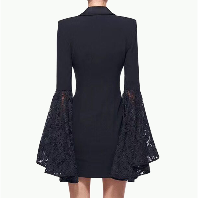 DEAT spring and summer fashion women clothes notched collar flare sleeves lace patchwork high waist double breasted 210428