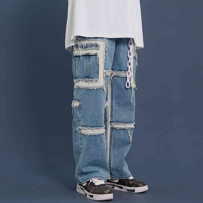 IEFB /men's wear streetewar hip hop loose raw edge patchwork loose jeans male spring straight denim patns 9Y1852 210524