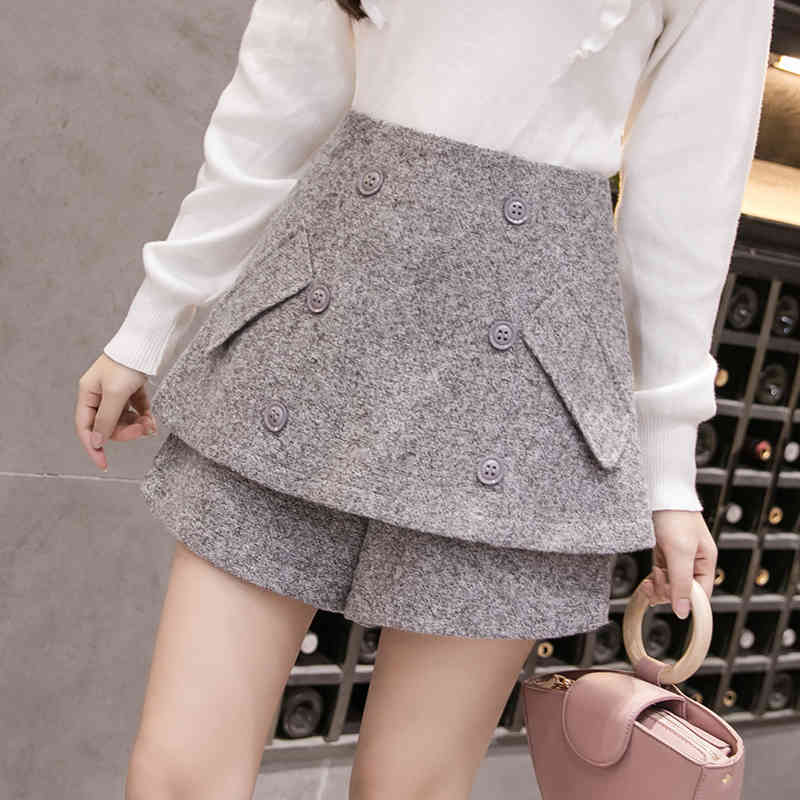 Short Mujer Fashion High Waist Solid Shorts Women Wide-legged Trousers Casual Woolen Vintage 7404 50 210508