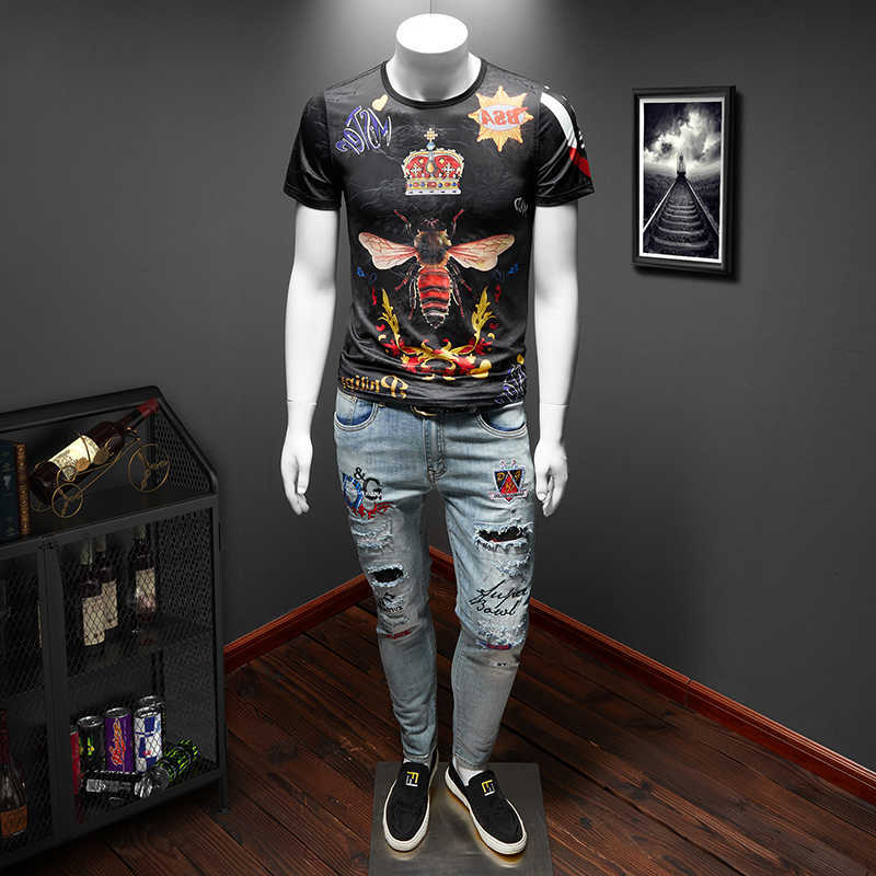 Crown Bee Print T Shirt Men Short Sleeve Summer Casual T-Shirt Breathable Tee Tops Streetwear T Shirt Male Clothes 7XL 210527