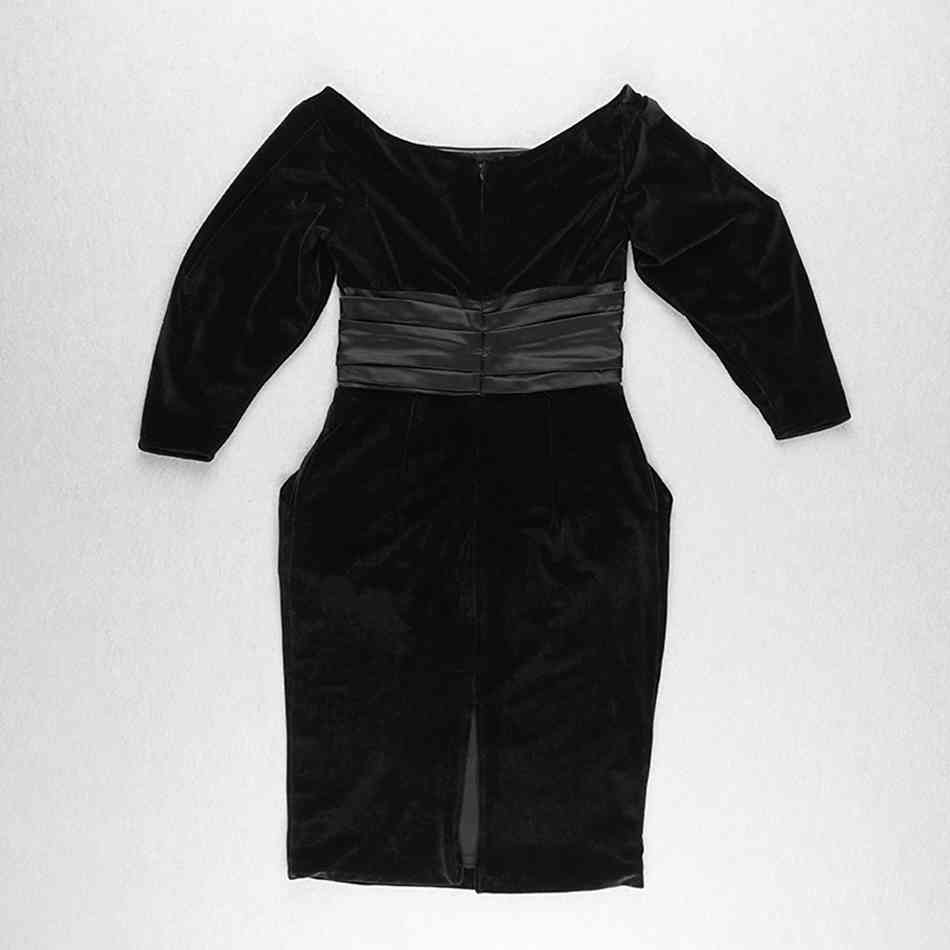 Free Chic Velvet Dress Women's Off Shoulder Puff Sleeve Diamond Button Celebrity Club Party Black 210524