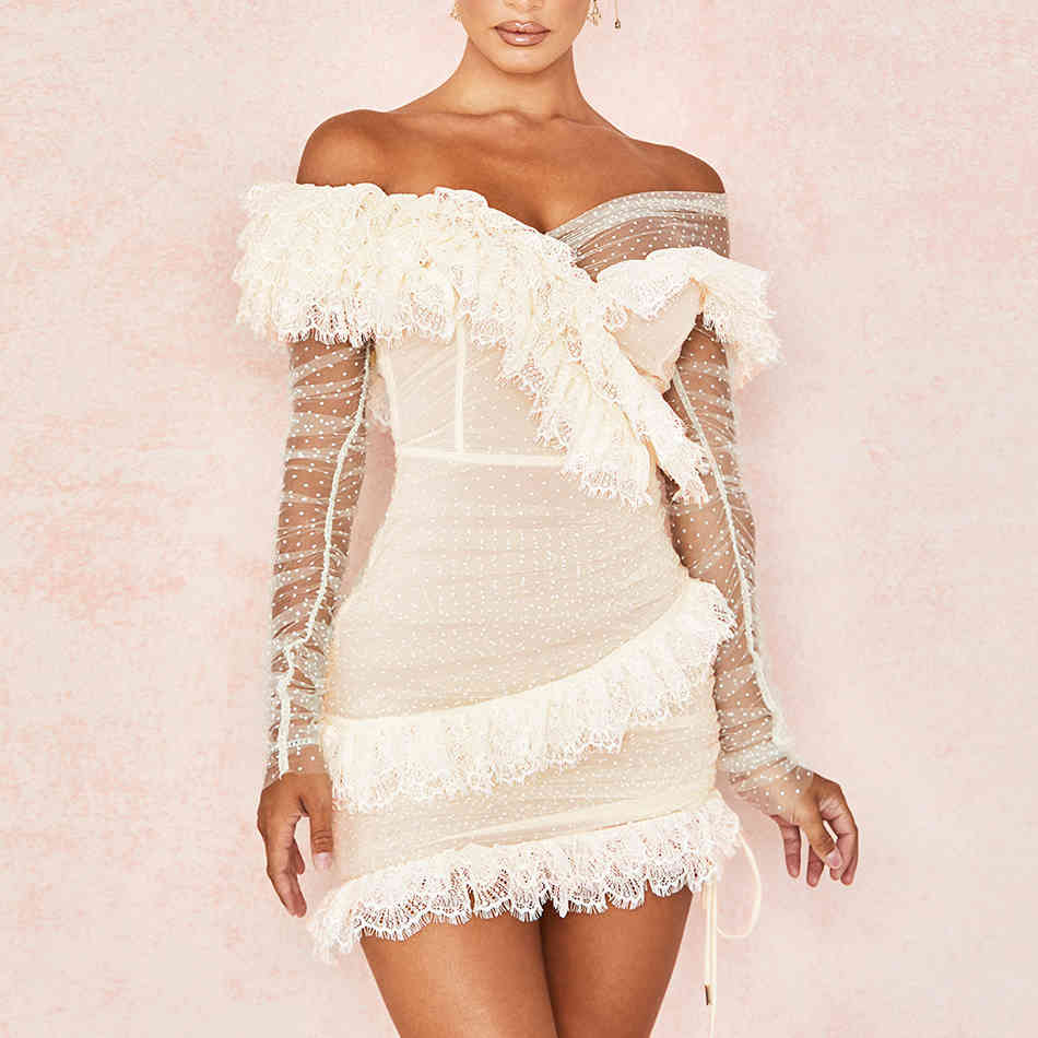 Summer Off Shoulder Mini Dress Vesitidos Sexy Long Sleeve Lace Women Fashion Club Celebrity Runway Party Dresses 210423