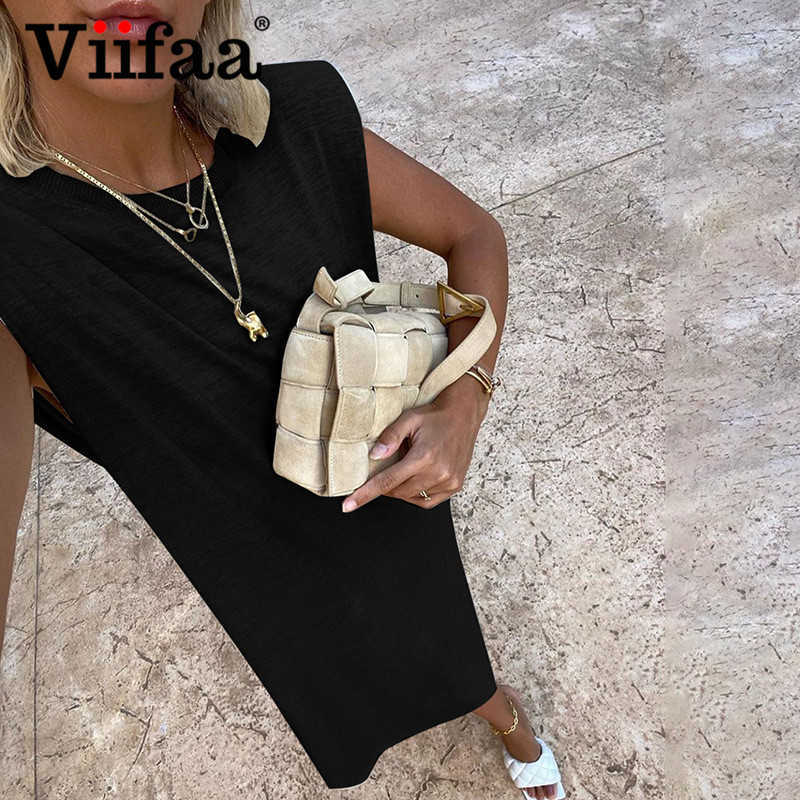 Viifaa Sleeveless Shoulder Pad Casual Black Elegant Long Dress Streetwear Women Loose Robe Split Back Summer Midi Dresses 210630