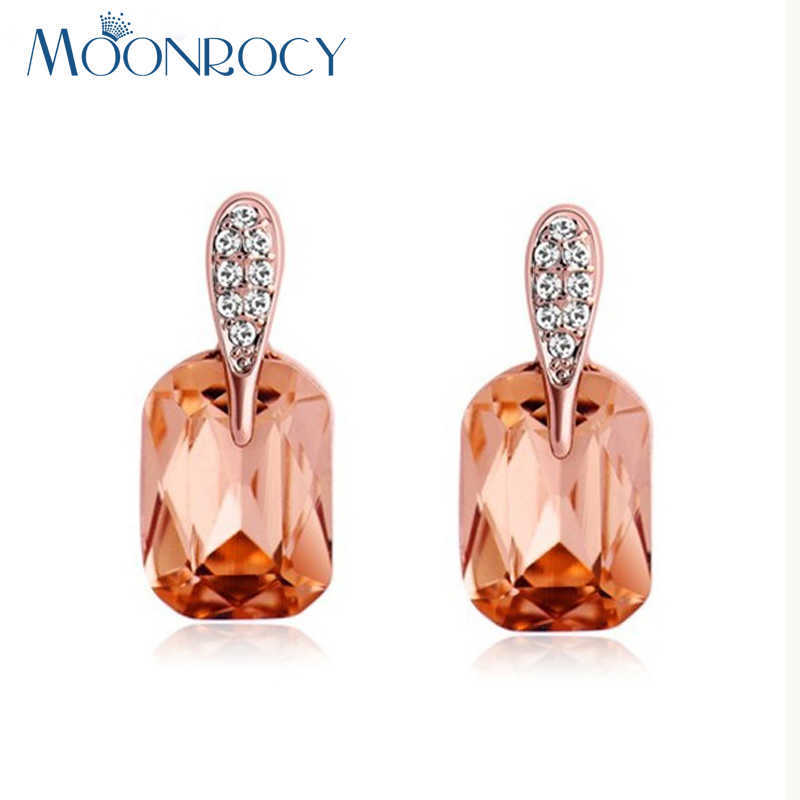 MOONROCY Rose Gold Color Crystal Earring Champagne Square Brown Jewelry for Women Gift Drop Wholesale 211009