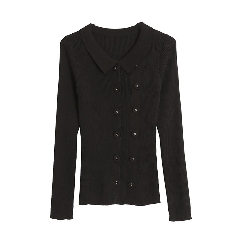 Vintage Turn down Collar Double Breasted Buttons Cardigan French Style Lapel Long Sleeve Knitting Sweater Slim Jumper Knitwear 210429