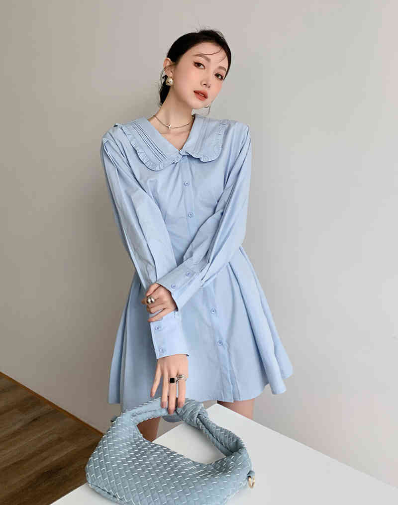 Peter Pan Collar Light Blue Button Up Casual Dress Women Long Sleeve A Line Tunic Mini Korean Fashion Clothing 210427