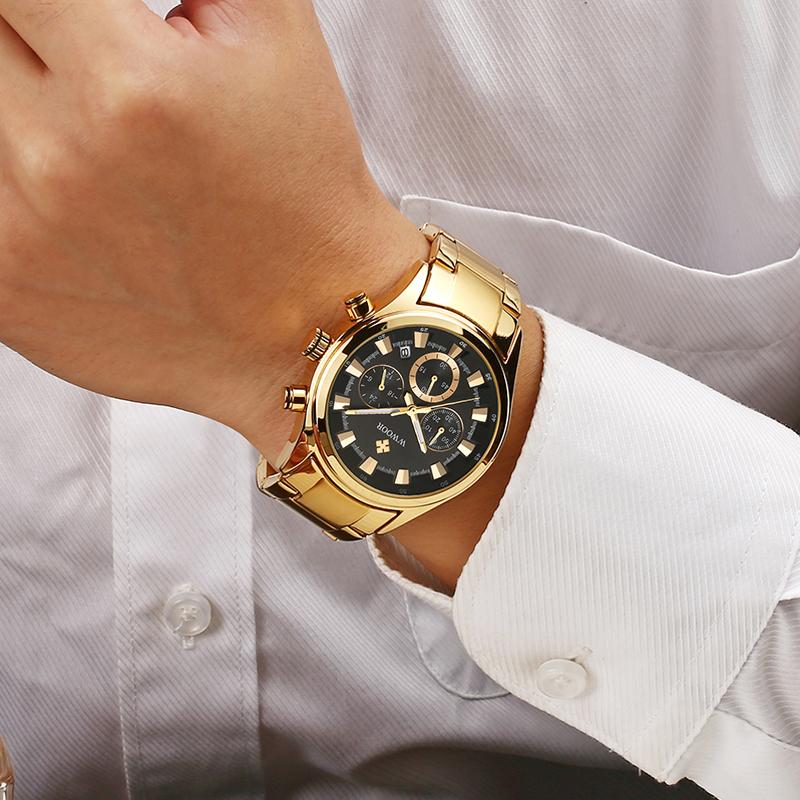 Wristwatches Men Watches Top WWOOR Gold Black Watch 2021 Waterproof Chronograph Golden Male Wristwatch, Full-black-with-tool