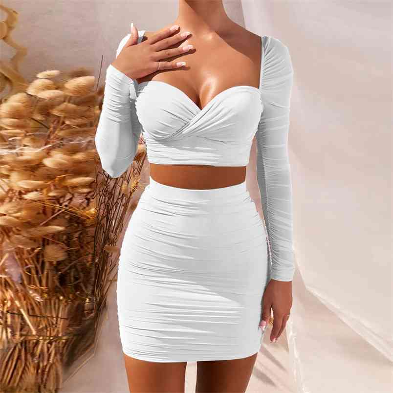 Autumn Winter 2 Piece Set Women Square Collar Long Sleeve Crop Top+High Waist Skirts Sexy Low Chest Pleated Party Ladies Outfits 210522