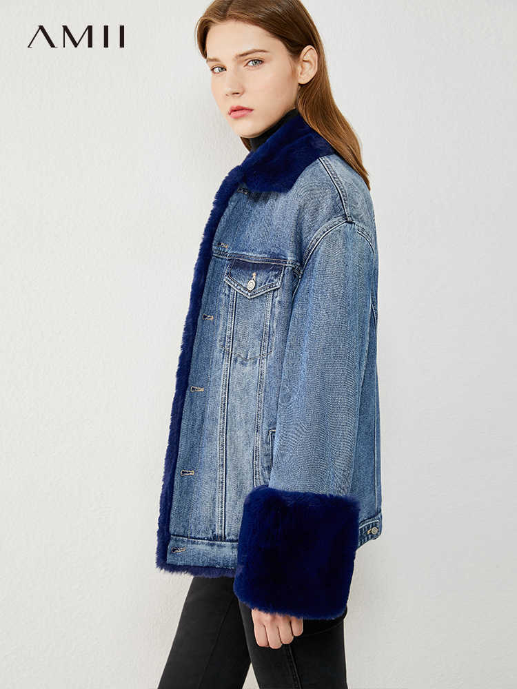 Minimalism Winter Thick Female Jacket Fashion Natural Rabbit Fur Collar Women's Denim 12070507 210527