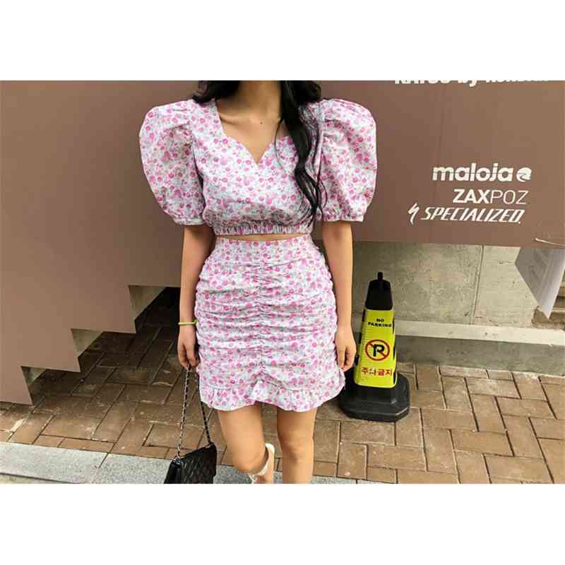 Summer Fashion Sweet Pink Floral print Puff Sleeve Crop Top+High Waist Pack Hip Fishtail Skirt Women's Two Piece Set 210519