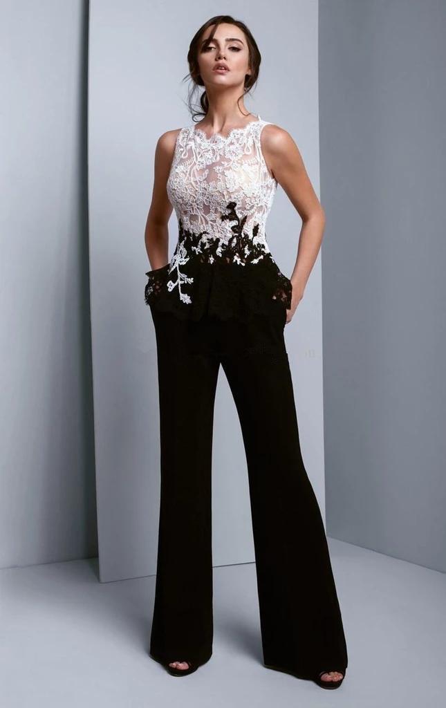 Chic Black And White Prom Dresses Elegant Jumpsuit Evening Dress See Through Top Lace Pansuit Women Graduation Party Trousers Formal Robes De Soirre 2