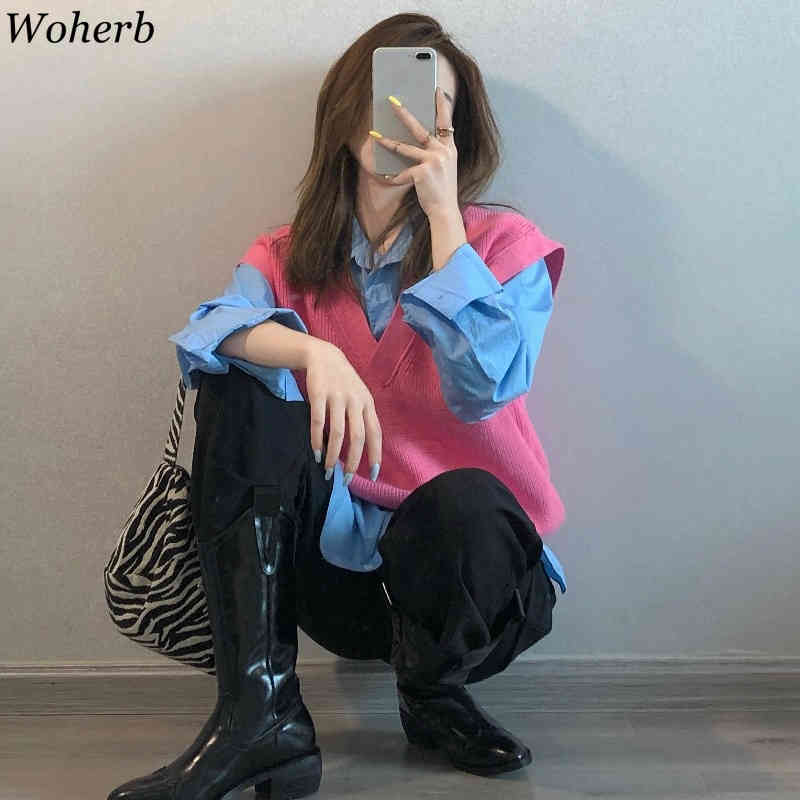 Two Peices Set Women Korean Chic Outfits Pink Sweater Vest + Blue Long Sleeve Shirt Blouse Casual Suit Femme 210519