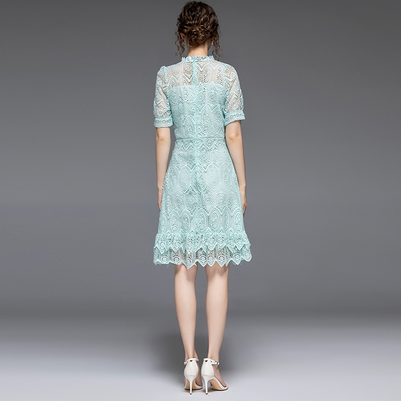 Fashion Summer Runway Women Lace Dress Ruffles Short Sleeve Hollow Out Party Vintage Mermaid Vestidos 210520